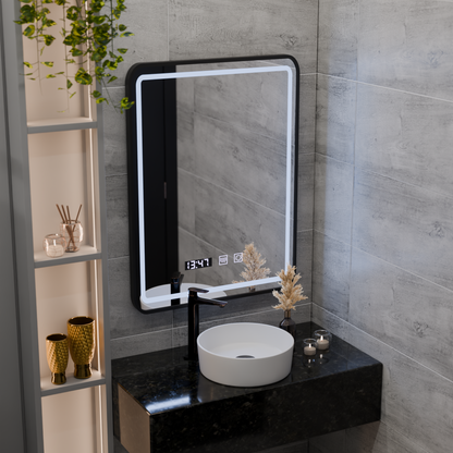 Karl Touch LED Mirror with Defog System, Clock and Temperature 50x70 cm Brushed Black Frame