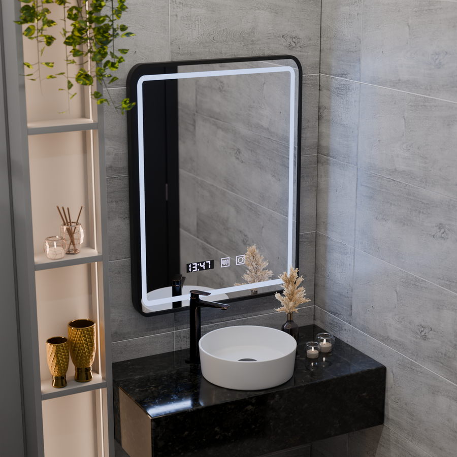 Karl Touch LED Mirror with Defog System, Clock and Temperature 50x70 cm Brushed Black Frame