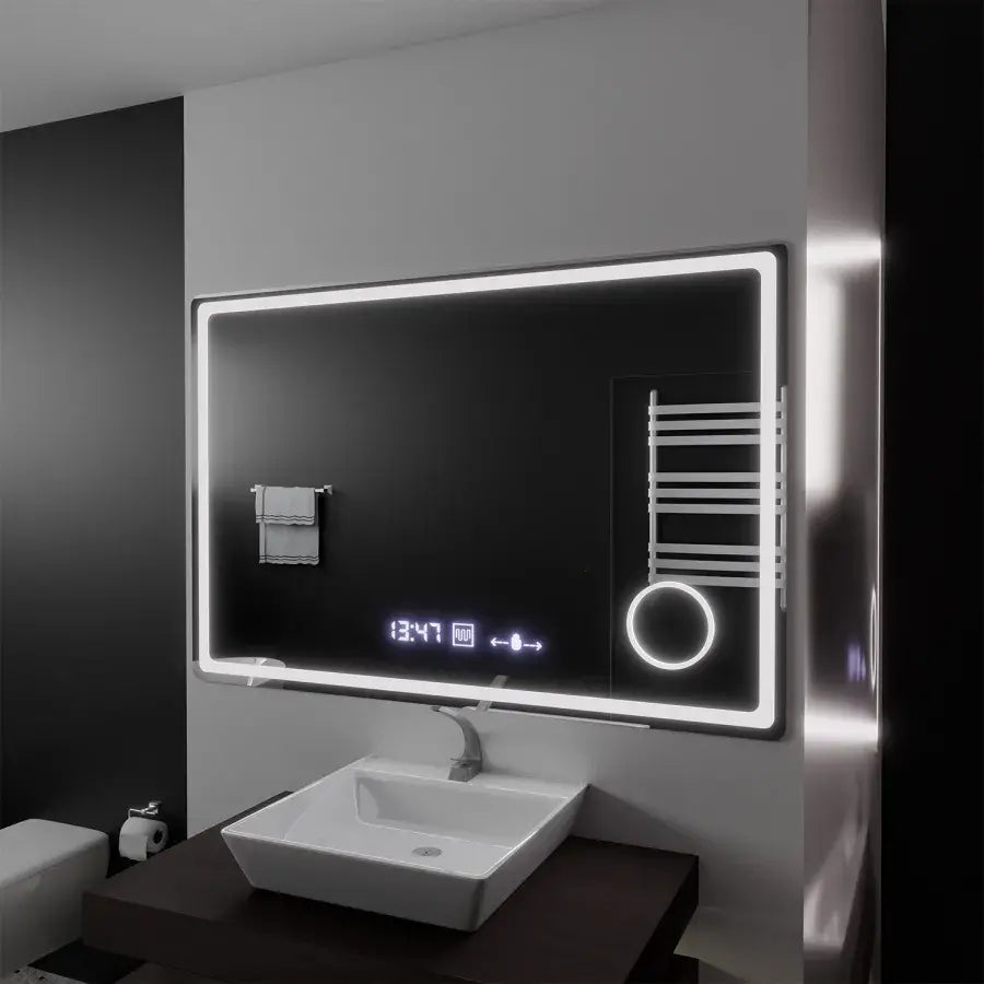 Mirror LED rectangular 120x80cm Souverain Motionglow Marcello Dismantic Clock System & Dimable Cosmetic Terometer