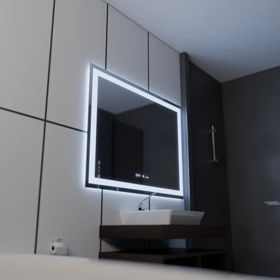 Rectangular LED Mirror 120x80cm Vérité MotionGlow Marcello, Defog System, Thermometer and Clock, Dimmable 