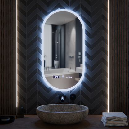 Oval LED Mirror, 50x100cm, Lucia Sensor Marcello, Demister System, Clock & Thermometer, Dimmable