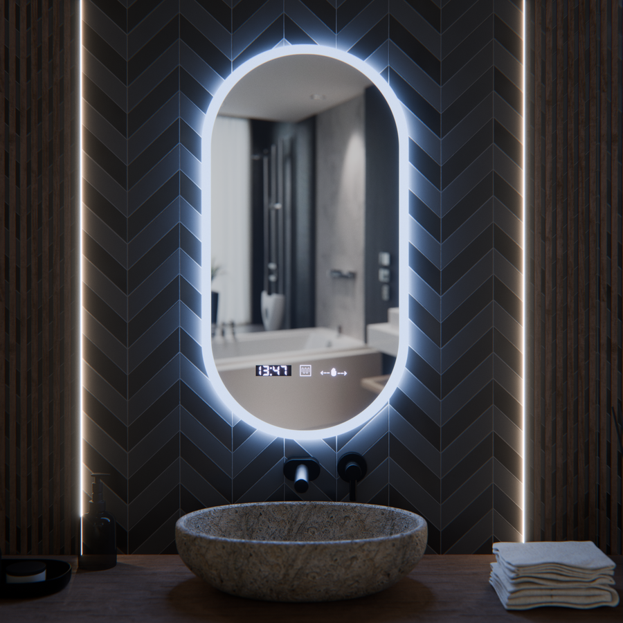 Oval LED Mirror, 50x100cm, Lucia Sensor Marcello, Demister System, Clock & Thermometer, Dimmable