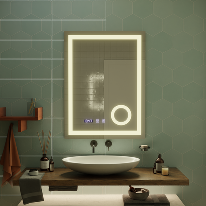 Manfred Touch LED Mirror Defog System, Clock and Temperature 60x80 cm Cosmetic Magnifier