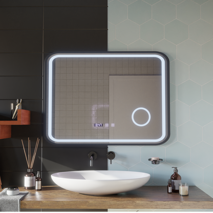 Bernd Touch LED Mirror Defog System, Clock and Temperature 80x60 cm Brushed Black Frame Cosmetic Magnifier