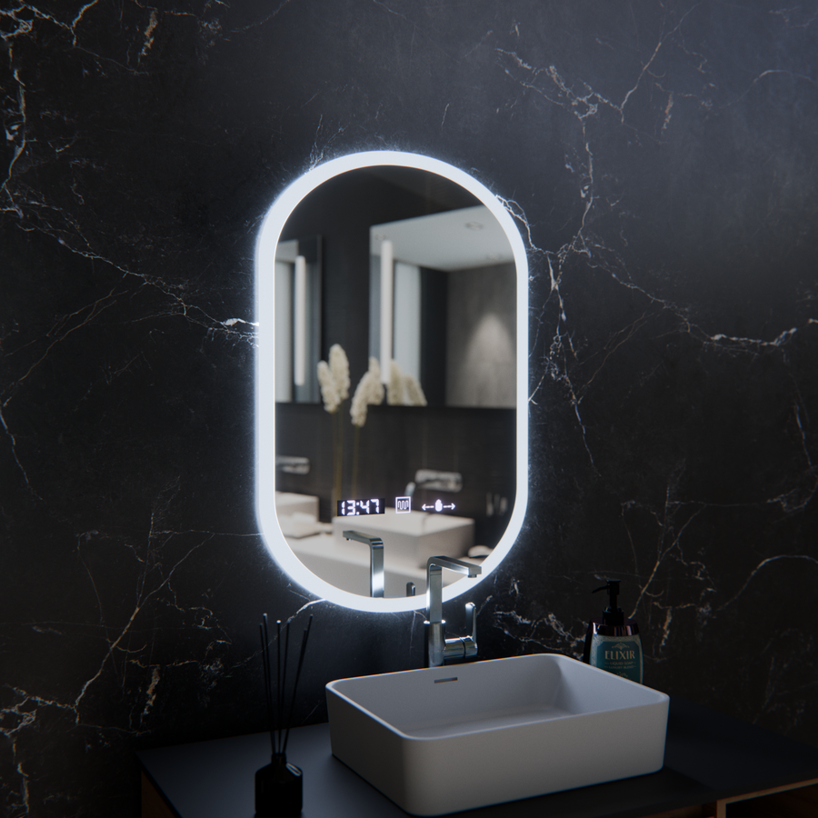 Oval LED mirror, 50x80cm, Lucia Sensor Marcello, Demister System, Clock & Thermometer, Dimmable