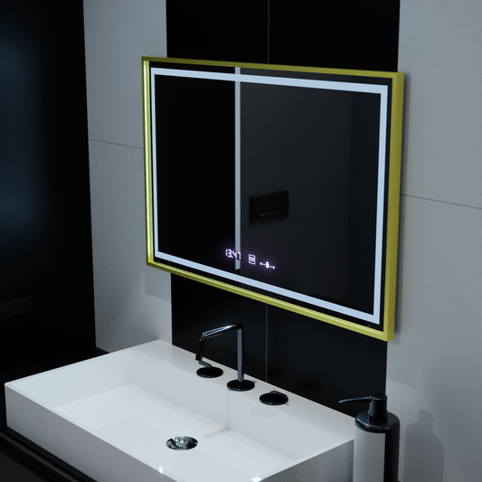 Mirror LED rectangular 100x65cm Verite Royale Gold Motion Glow Marcello Clock Defrition System & Dimable Thermometer