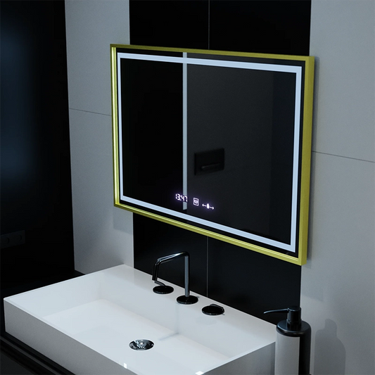 Rectangular LED Mirror, 100x65cm, Verite Royale Gold Motion Glow Marcello, Demister System, Clock & Thermometer, Dimmable