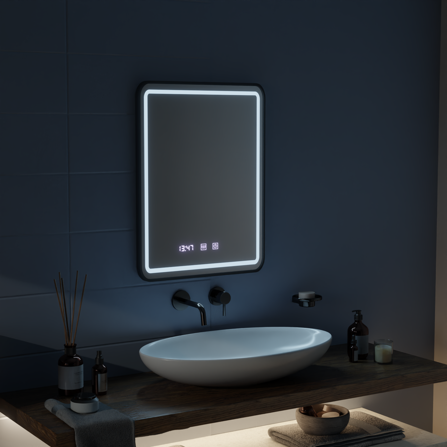 Gerhard Touch LED Mirror with Defog System, Clock and Temperature 60x80 cm Brushed Black Frame