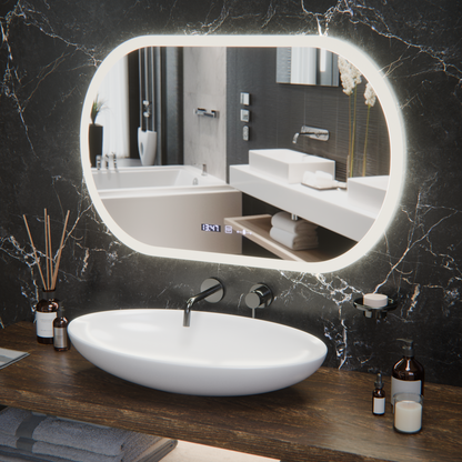 Oval LED mirror, 80x50cm, Altera Marcello MotionGlow Sensor, Demister System, Clock & Thermometer, Dimmable