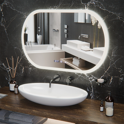 Oval LED mirror, 80x50cm, Altera Marcello MotionGlow Sensor, Demister System, Clock & Thermometer, Dimmable