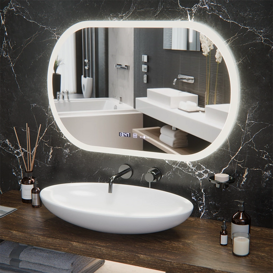 Oval LED mirror, 80x50cm, Altera Marcello MotionGlow Sensor, Demister System, Clock & Thermometer, Dimmable