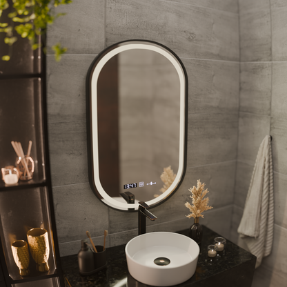Helmut Touch LED Mirror with Defog, Clock and Temperature System 50x80 cm Brushed Black Frame