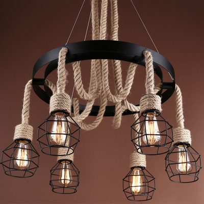 Wheel Chandelier, 3*E27, Brown, Metal and Rope