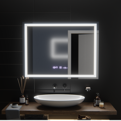 Rectangular LED mirror, 100x75cm, Verite MotionGlow Marcello, Demister System, Clock & Thermometer, Dimmable