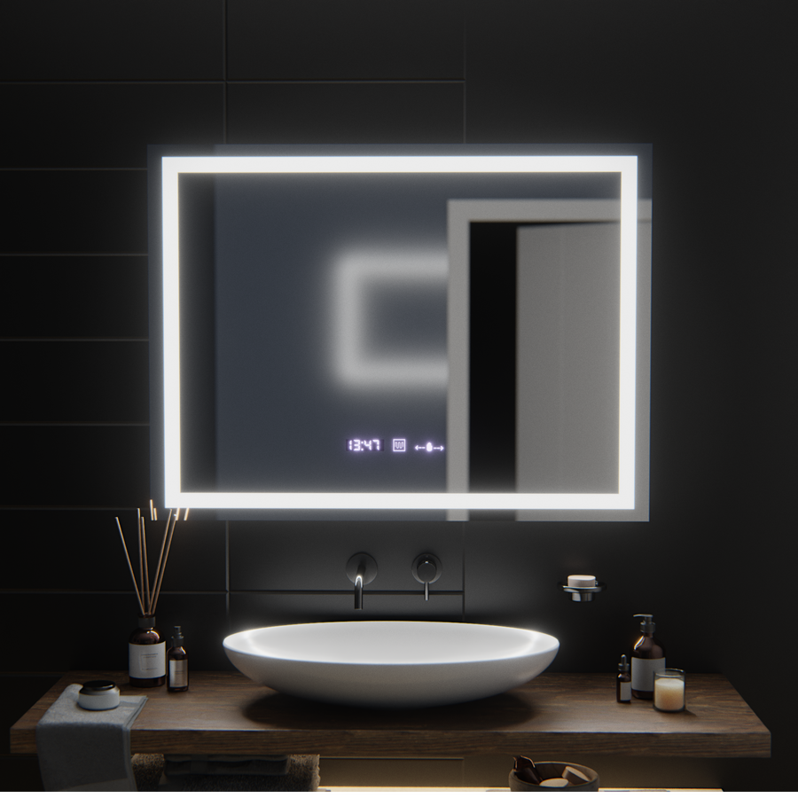 Rectangular LED mirror, 100x75cm, Verite MotionGlow Marcello, Demister System, Clock & Thermometer, Dimmable