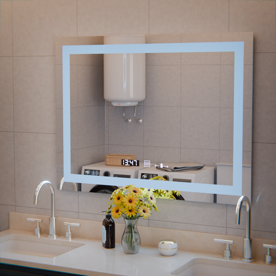 The rectangular LED Mirror 80x60cm Verite MotionGlow Marcellow Dimable Clock Deframenting System
