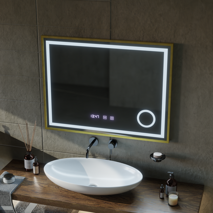 Rolf Touch LED Mirror Defog System, Clock and Temperature 80x60 cm Brushed Gold Frame Cosmetic Magnifier