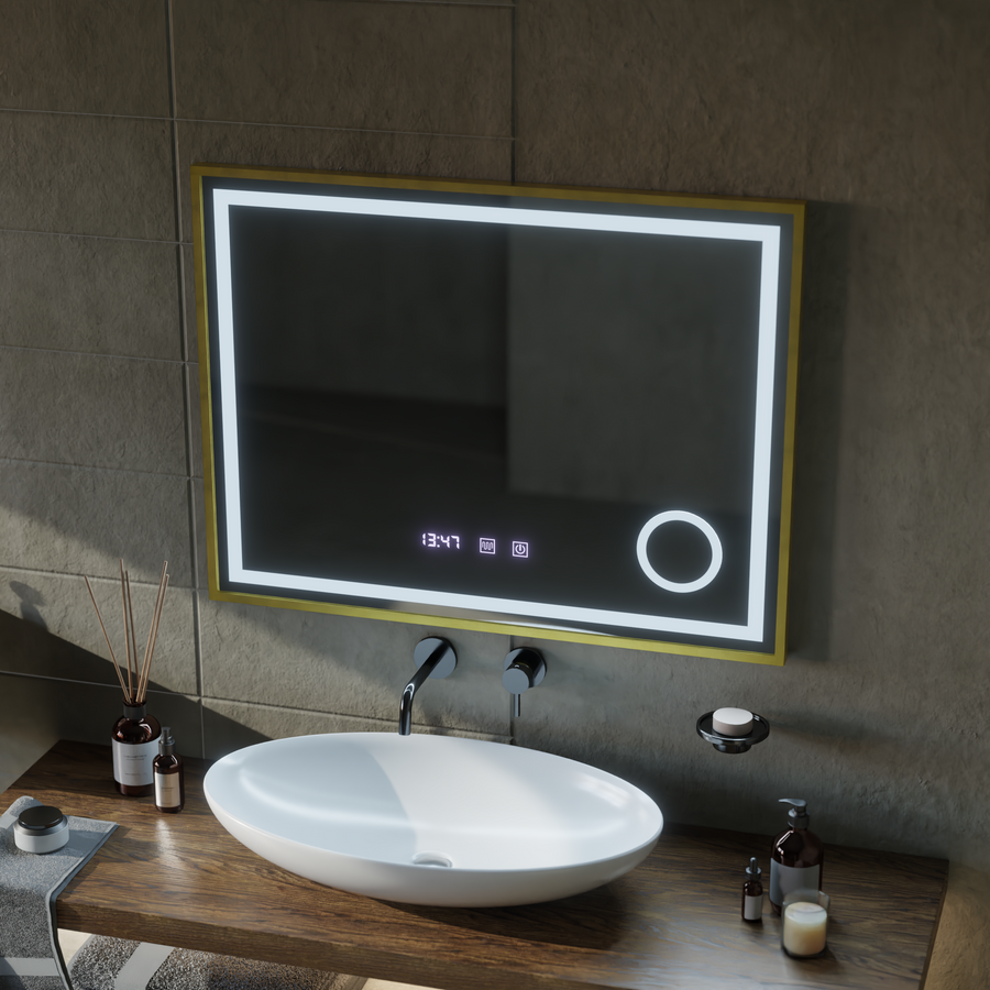 Rolf Touch LED Mirror Defog System, Clock and Temperature 80x60 cm Brushed Gold Frame Cosmetic Magnifier