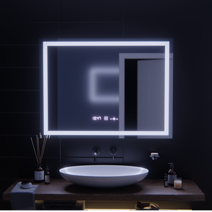 Rectangular LED mirror, 100x75cm, Verite MotionGlow Marcello, Demister System, Clock & Thermometer, Dimmable