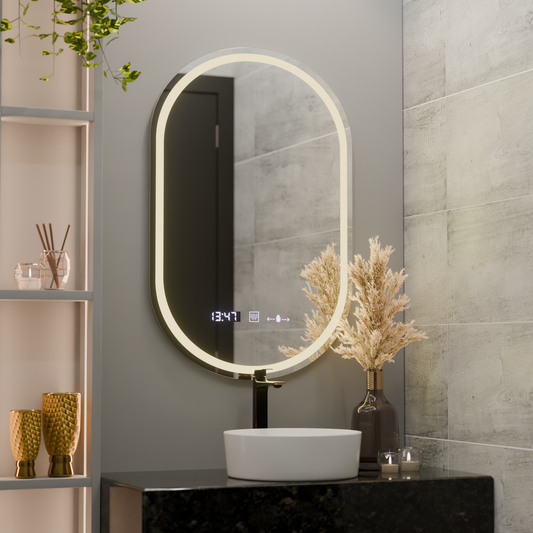 Oval LED mirror, 60x80cm, Eminence MotionGlow Marcello, Demister System, Clock & Thermometer, Dimmable