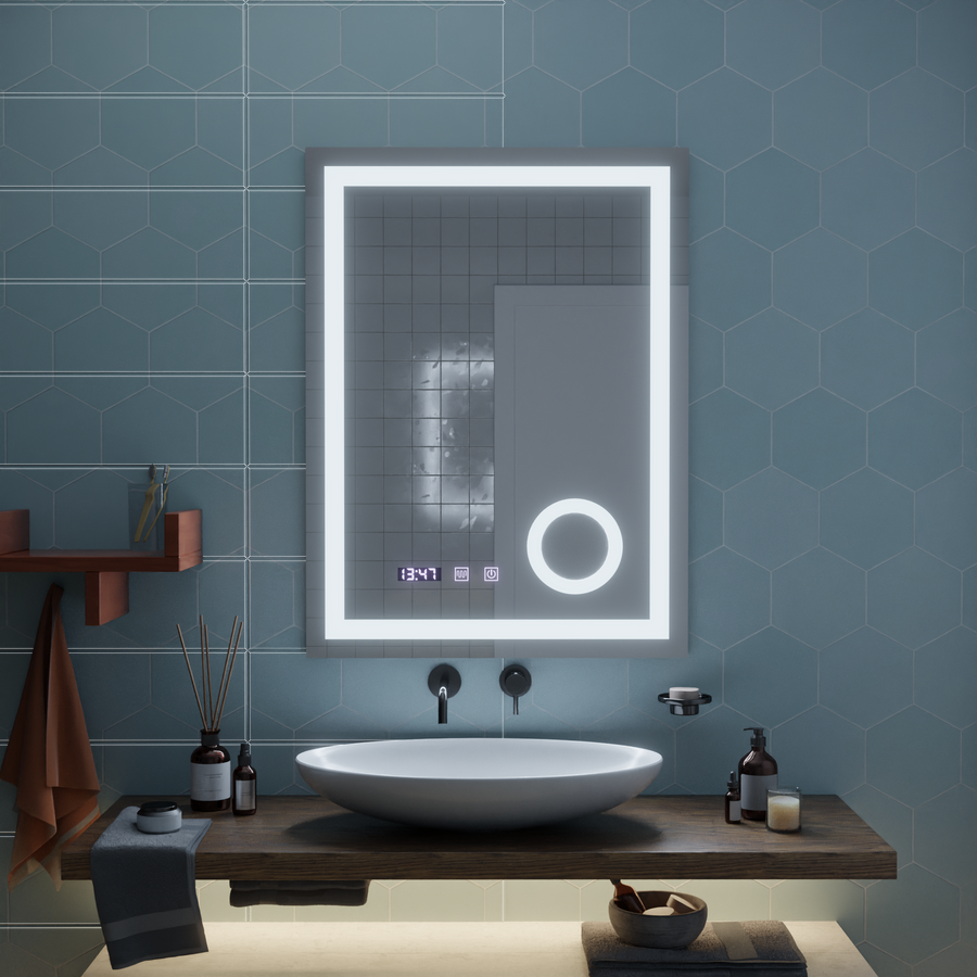 Manfred Touch LED Mirror Defog System, Clock and Temperature 60x80 cm Cosmetic Magnifier
