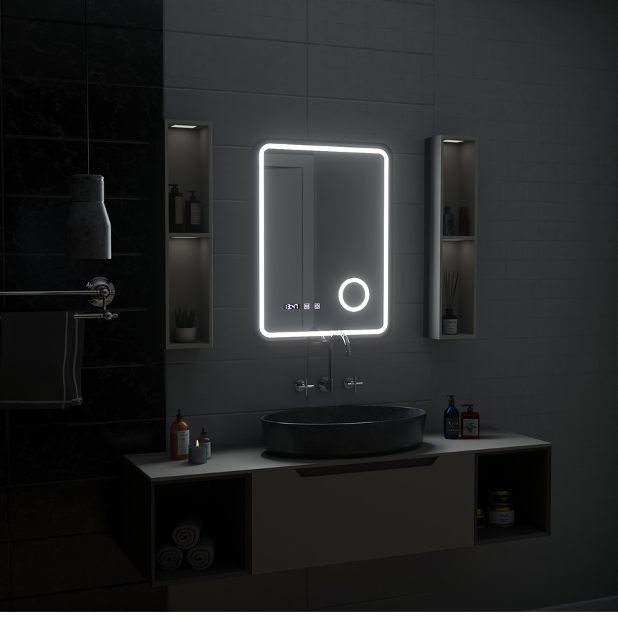 Ulrich Touch LED Mirror Defog System, Clock and Temperature 60x80 cm Brushed Black Frame Cosmetic Magnifier