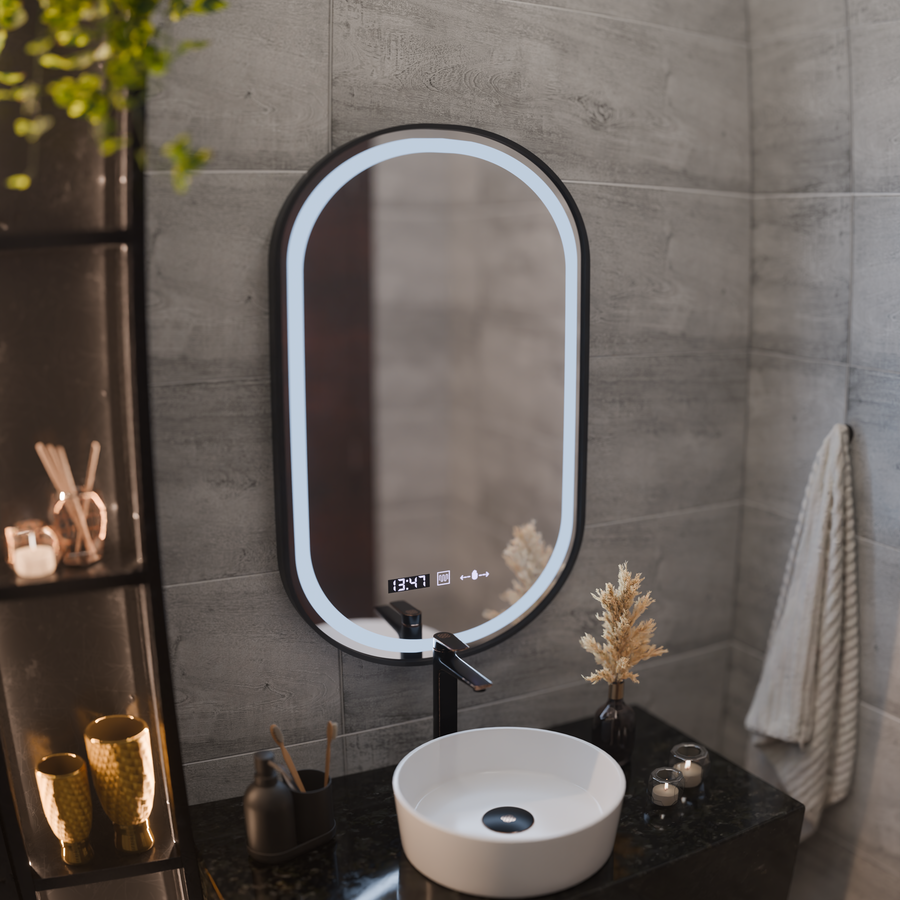 LED Mirror Helmut Sensor De-fogging System, Clock and Temperature 50x90 cm Black Frame Brushed Marcello Funghi