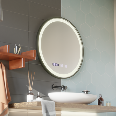 LED Touch Mirror NOVARA De-fogging System, Clock and Temperature 80 cm Brushed Black Frame