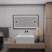 Domingo MotionGlow Sensor LED Mirror with Defog Function Thermometer Clock 120x65 cm Dimmable Cold/Warm/Neutral Light, Brushed Black Frame, Marcello Funghi collection
