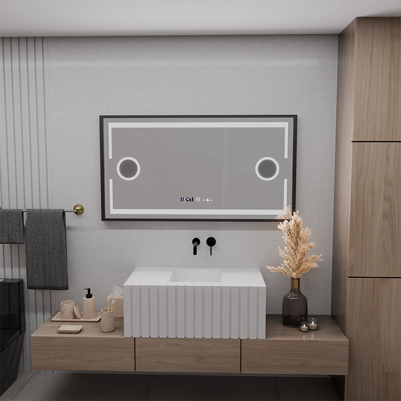 Domingo MotionGlow Sensor LED Mirror with Defog Function Thermometer Clock 120x65 cm Dimmable Cold/Warm/Neutral Light, Brushed Black Frame, Marcello Funghi collection