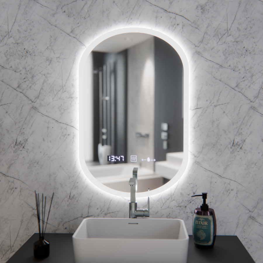 Oval LED mirror, 50x80cm, Lucia Sensor Marcello, Demister System, Clock & Thermometer, Dimmable
