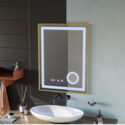 Stefan Touch LED Mirror with Defog System, Clock and Temperature 60x80 cm Brushed Gold Frame Cosmetic Magnifier