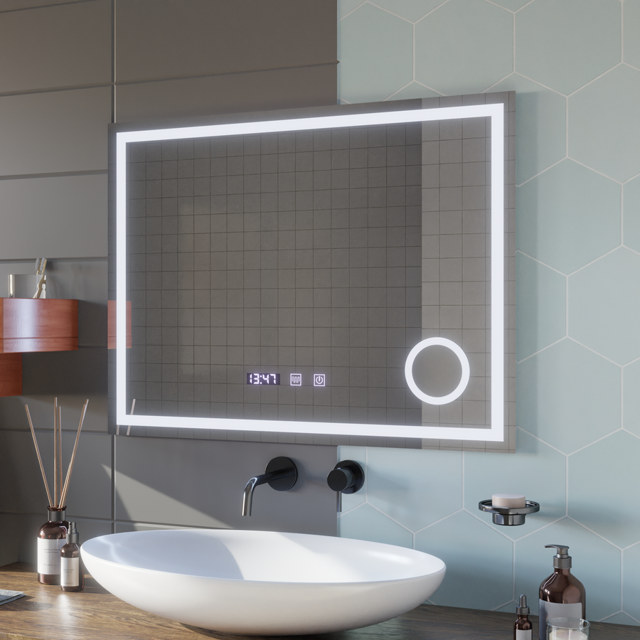 LED Touch Mirror Gunter Defog System, Clock and Temperature 80x60 cm Cosmetic Magnifier