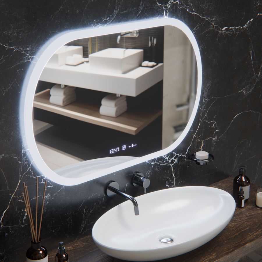 Oval LED mirror, 80x50cm, Altera Marcello MotionGlow Sensor, Demister System, Clock & Thermometer, Dimmable