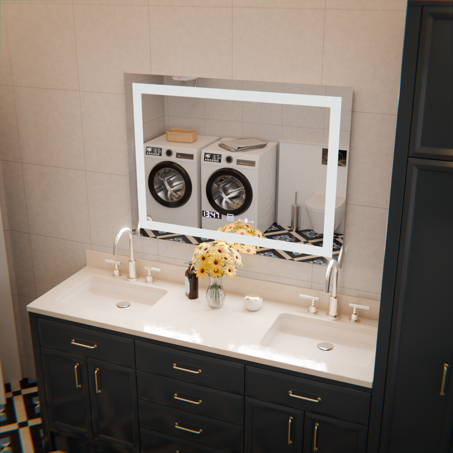 The rectangular LED Mirror 80x60cm Verite MotionGlow Marcellow Dimable Clock Deframenting System