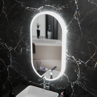 Oval LED Mirror, 50x100cm, Lucia Sensor Marcello, Demister System, Clock & Thermometer, Dimmable
