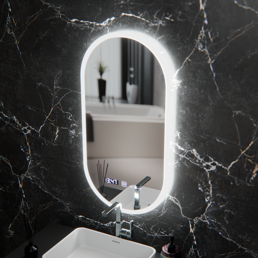 Oval LED Mirror, 50x100cm, Lucia Sensor Marcello, Demister System, Clock & Thermometer, Dimmable