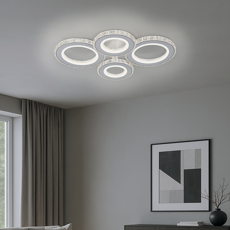 LED chandelier with remote control and crystal NOVA ROTONDA RGB 86W, 4 Circles, Cold/Warm/Neutral light, Dimmable, White