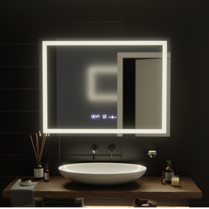 Rectangular LED mirror, 100x75cm, Verite MotionGlow Marcello, Demister System, Clock & Thermometer, Dimmable