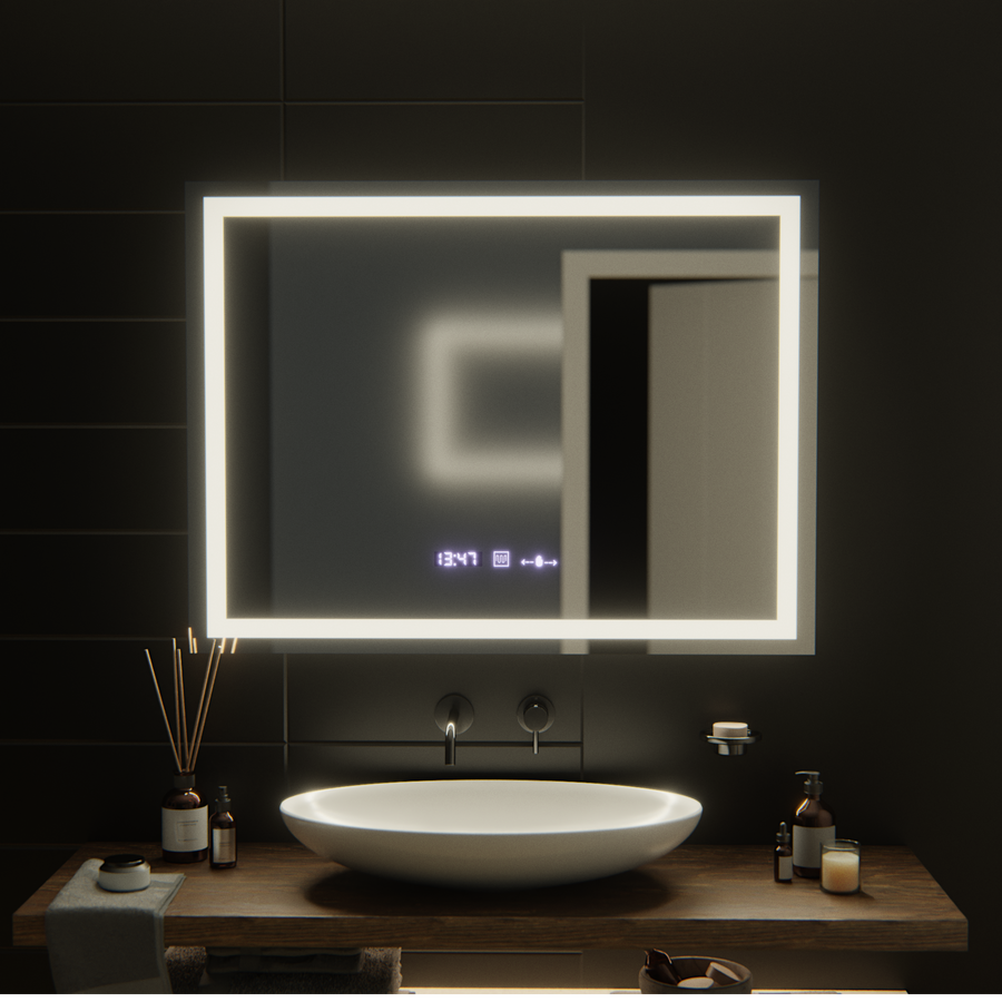 Rectangular LED mirror, 100x75cm, Verite MotionGlow Marcello, Demister System, Clock & Thermometer, Dimmable