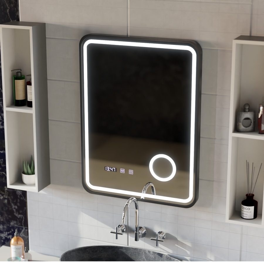 Ulrich Touch LED Mirror Defog System, Clock and Temperature 60x80 cm Brushed Black Frame Cosmetic Magnifier