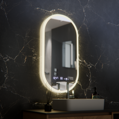 Oval LED Mirror, 50x100cm, Lucia Sensor Marcello, Demister System, Clock & Thermometer, Dimmable