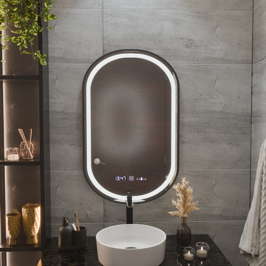LED Mirror Helmut Sensor De-fogging System, Clock and Temperature 50x90 cm Black Frame Brushed Marcello Funghi