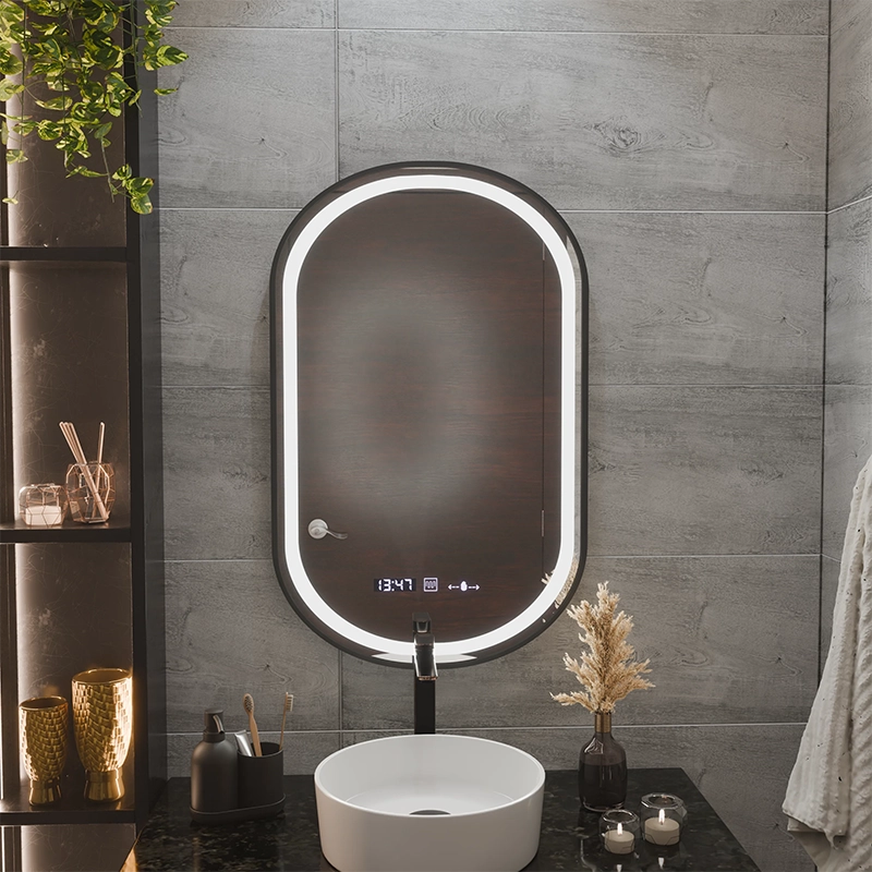 Mirror LED Touch Helmut De-fogging System, Clock and Temperature 50x90 cm Black Frame Brushed Marcello Funghi