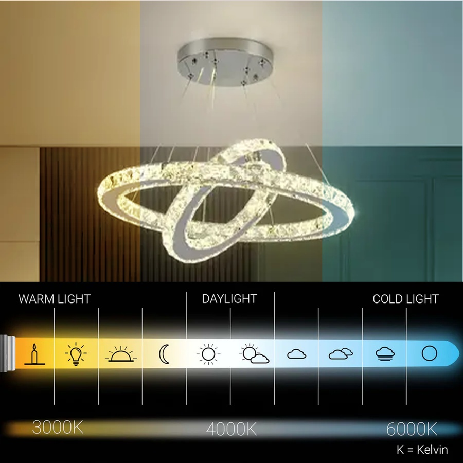 LED chandelier with remote control and crystal PRISM LUMINIS 58W, 2 Circles, Cold/Warm/Neutral light, Dimmable, Silver, Height Adjustable