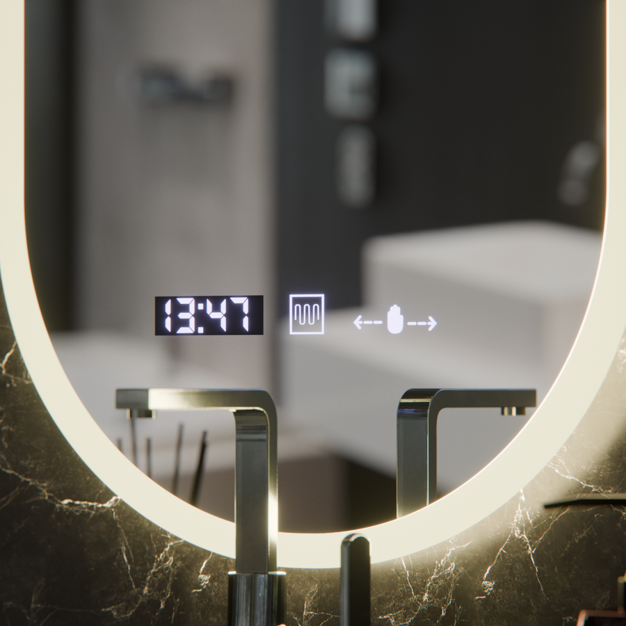 Oval LED mirror, 50x80cm, Lucia Sensor Marcello, Demister System, Clock & Thermometer, Dimmable