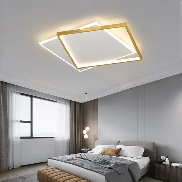 LED chandelier with solar remote control, 98W, 2 squares, cold/hot/neutral light, unstable, golden