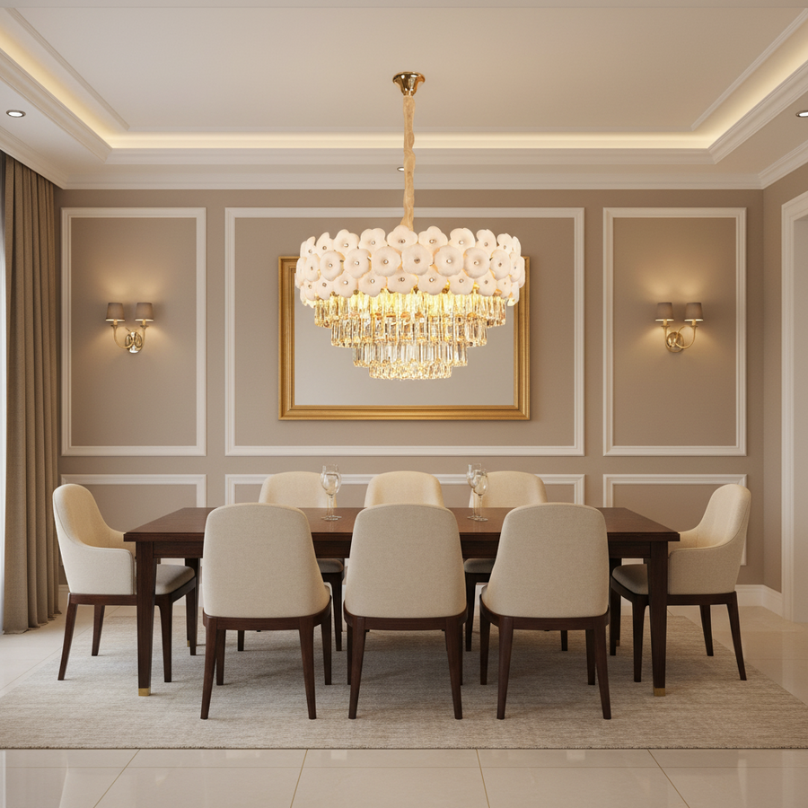 Candelabru Cristal PETAL Magno 13xE14, D60 cm, Auriu, Inaltime Reglabila, Metal si Cristal