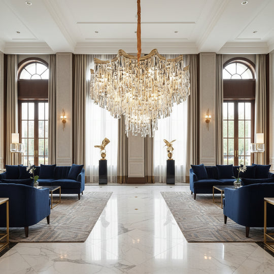 Crystal Chandelier VETRA Eleganza 9xE14, D50 cm, Gold, Adjustable Height, Metal and Crystal