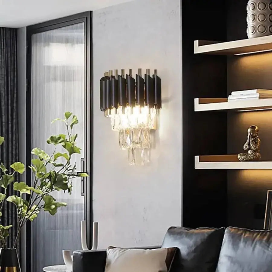 Mughi Wall Lamp, 2*E14, Metal and Crystal, Black and Gold